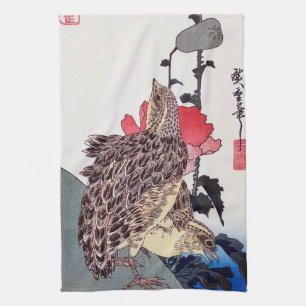 Klaprozen en Kwartels, Hiroshige, Ukiyo-e Theedoek