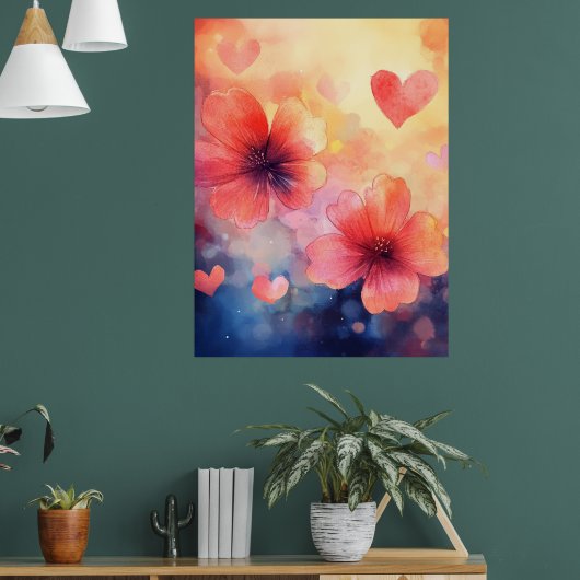 Klaprozen & Harten – Romantische Aquarel Kunstpost Poster (Woonkamer 1)