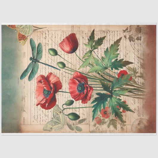 klaprozen & libellen botanische efemera tissuepapier (Voorkant)