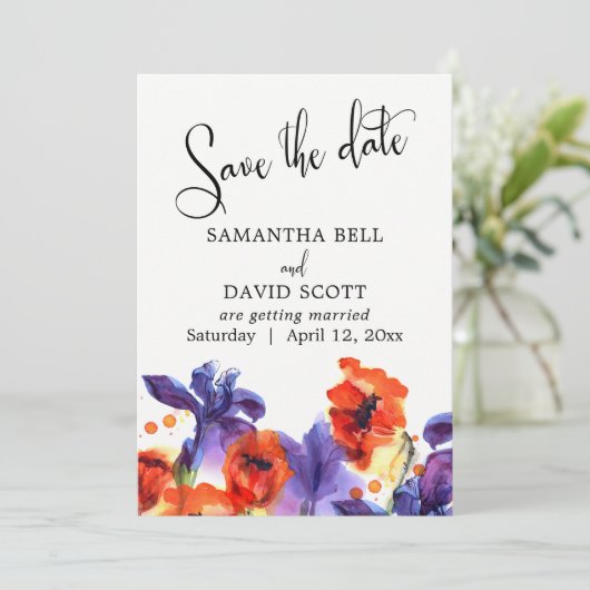 Klaprozen, Paarse Iris Aquarel Save the Date (Staand voorkant)