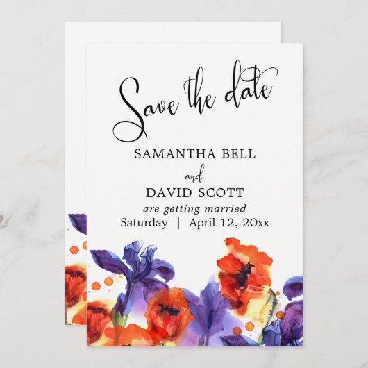 Klaprozen, Paarse Iris Aquarel Save the Date (Voorkant / Achterkant)