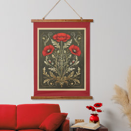 Klaprozen Vintage Goud Rood Art Nouveau Hangend Wandkleed
