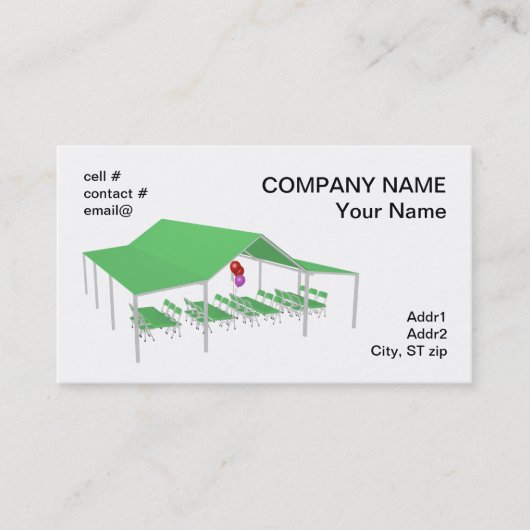 klapstoel en tafels met partijballonnen visitekaartje (Voorkant)