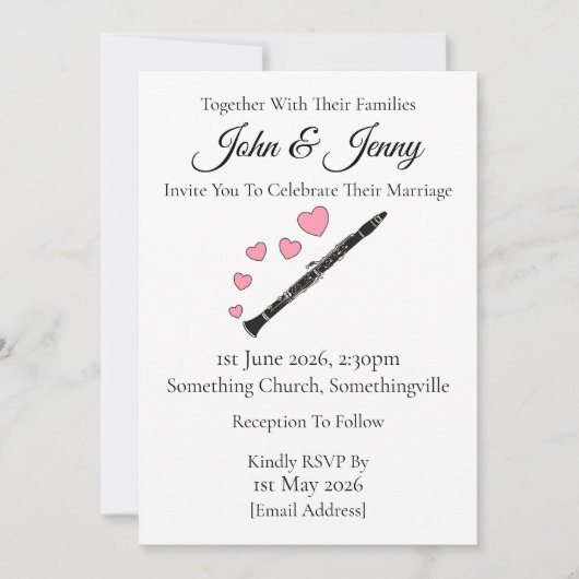 Klarinet bruiloft uitnodiging klarinettist muzikan (Voorkant)