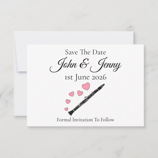 Klarinet Muzikant bruiloft Save the Date (Voorkant)