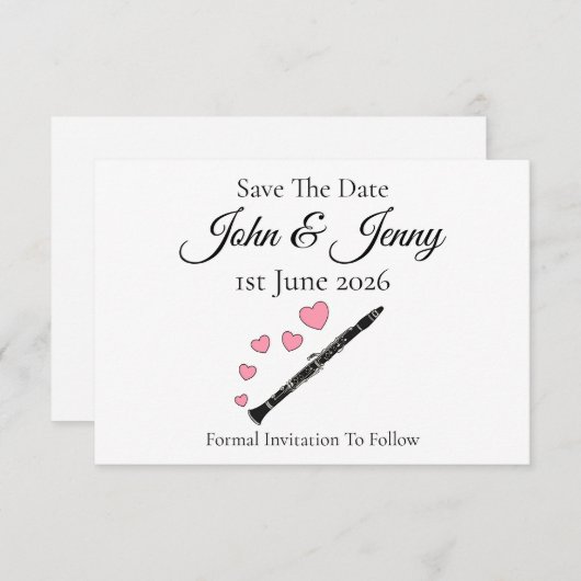 Klarinet Muzikant bruiloft Save the Date (Voorkant / Achterkant)