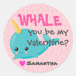 Klas narwal Valentijnskaart "Walvis, wil je de mij Ronde Sticker