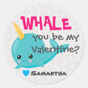 Klas narwal Valentijnskaart "Walvis, wil je de mij Ronde Sticker