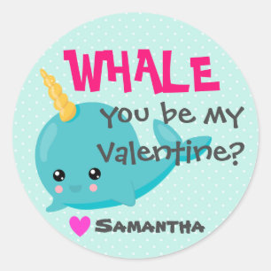 Klas narwal Valentijnskaart "Walvis, word jij van Ronde Sticker