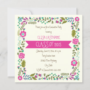 Klas van 2015 roze & aqua bloemenrand afstudeerfee kaart