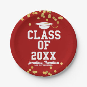 Klas van 2021 Rood Gouden Confetti Afstudeerfeest  Papieren Bordje