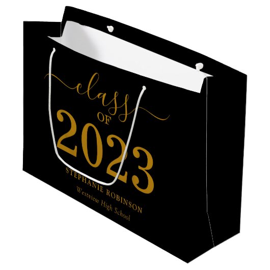 Klas van 2023 Gouden Schrift op Zwarte Afstudeerfe Groot Cadeauzakje (Voorkant Gekanteld)