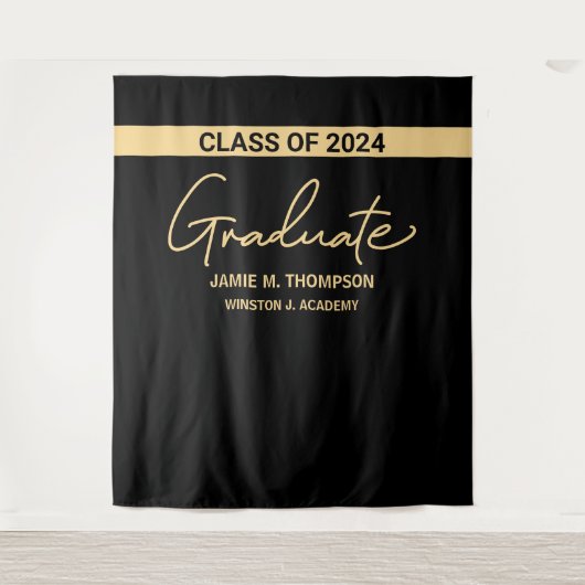 Klas van 2024 Black Gold Naam Afstudeerbackdrop Wandkleed (Voorkant)