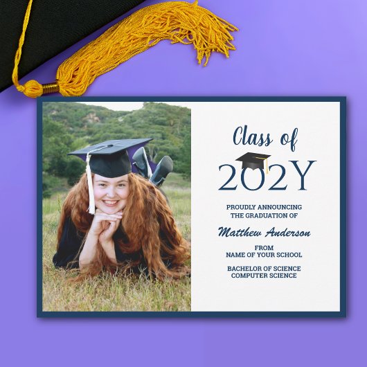 Klas van 2024 Navy Blauwe Afgestudeerde Foto Afstu Aankondiging