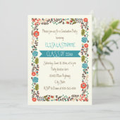 Klas van 2025 turquoise & rode bloemenrand afstude kaart (Staand voorkant)