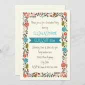 Klas van 2025 turquoise & rode bloemenrand afstude kaart (Voorkant / Achterkant)