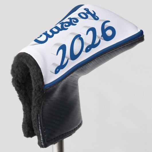 Klas van 2026 blauwe script afstuderen golfheadcover (3/4 voorkant)