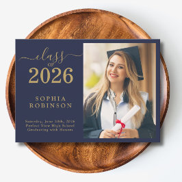 Klas van 2026 Foto Blauw Goud Afstudeeraankondigin Kaart