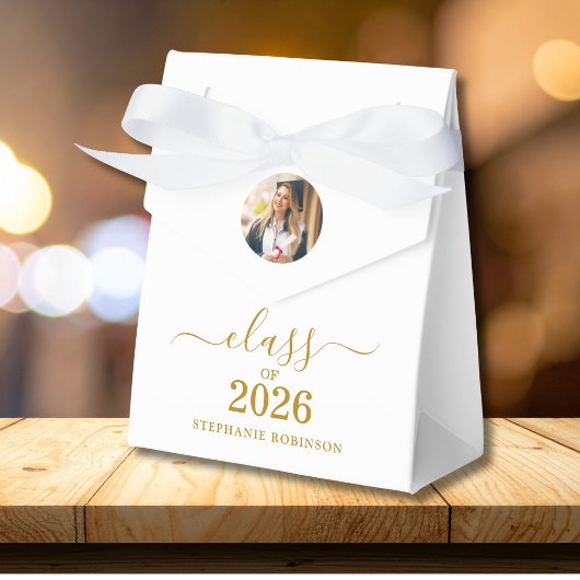 Klas van 2026 Foto Elegante Gouden Script Afstudee Bedankdoosjes