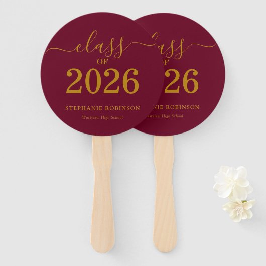 Klas van 2026 Goud Wijnrood Afstudeerfeest Handwaaier (Voorkant en achterkant)