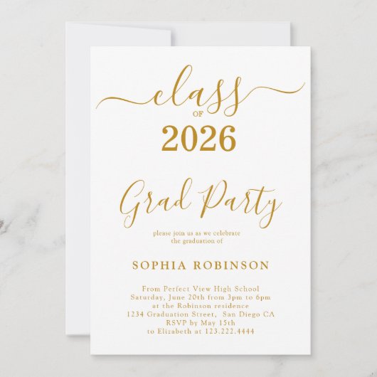 Klas van 2026 Gouden Script Moderne Afstudeerfeest Kaart (Voorkant)