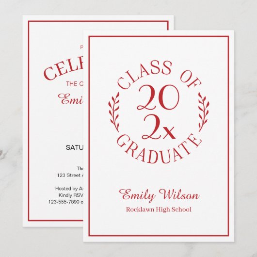 Klas van 2026 Rood Witte Embleem Afstudeerfeest Kaart (Voorkant / Achterkant)