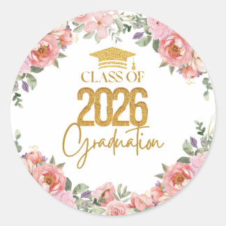 Klas van 2026, Roze Gouden Bloem Thema Ronde Sticker