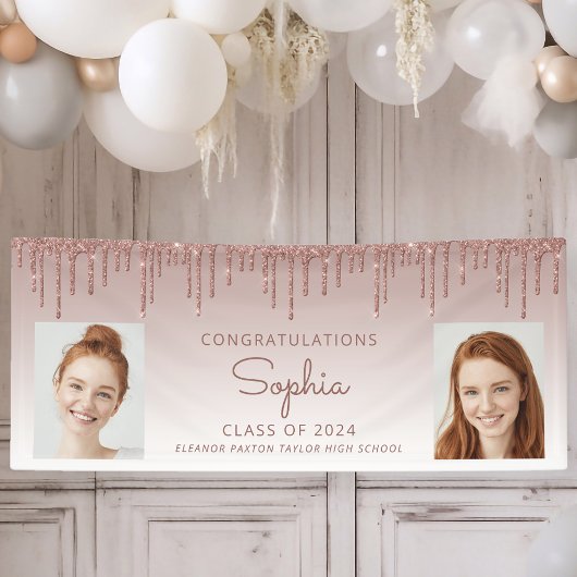 Klas van 2026 Roze Gouden Glitter 2-Foto Afstudeer Spandoek