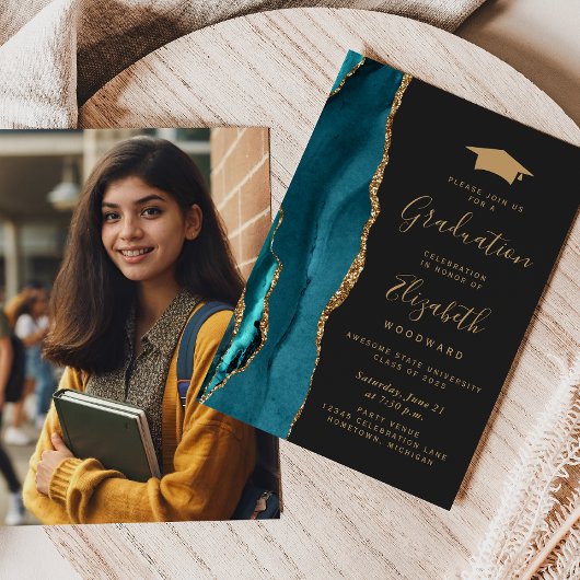 Klas van 2026 Teal Agate Foto Pet Donker Afstudere Kaart