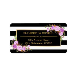 Klasachtige Paarse Floral Gold Black White Stripes Etiket