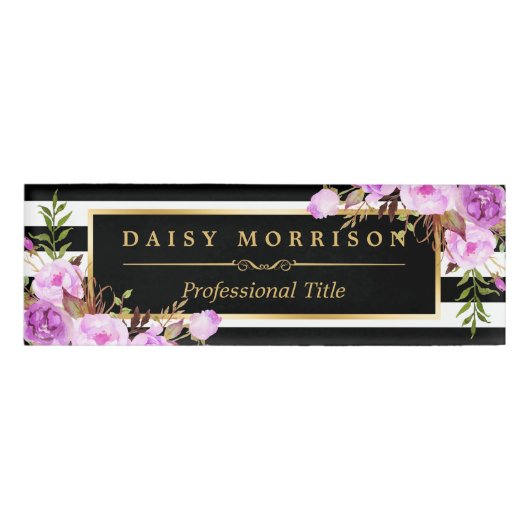 Klasachtige Paarse Floral Gold White Stripes Naambadge (Voorkant)