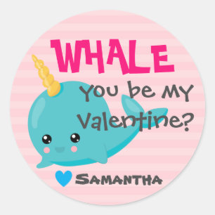 Klaslokaal Narwhal Valentijn "Whale you be mine" Ronde Sticker