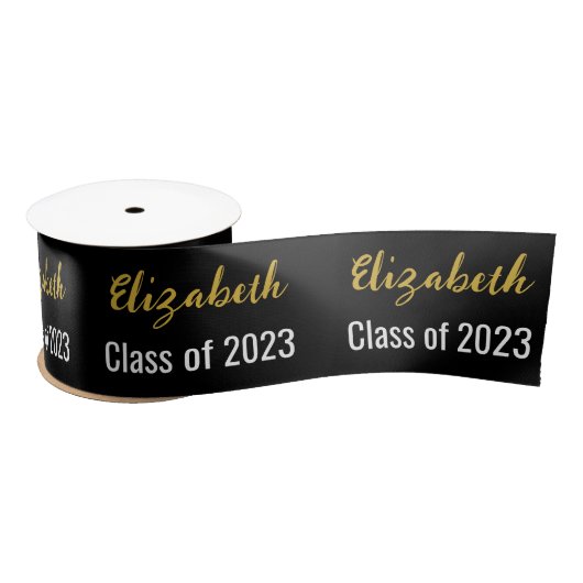 Klasse 2023 en Graduate's Name Black White Gold Satijnen Lint (Spoel)