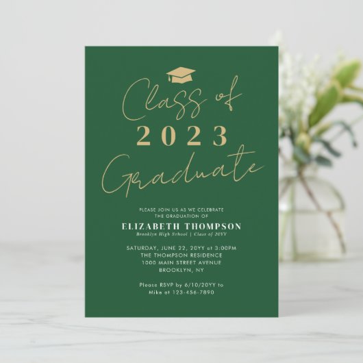 Klasse 2023 Green Gold Afstuderen Graduation Party Kaart (Staand voorkant)