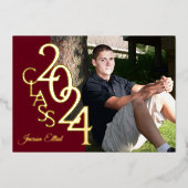 Klasse 2024 Foto Afstuderen Bourgogne en Goud Folie Uitnodiging (Voorkant)