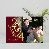 Klasse 2024 Foto Afstuderen Bourgogne en Goud Folie Uitnodiging (Staand Voorkant)