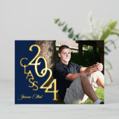 Klasse 2024 Foto Afstuderen Marine en Goud Folie Uitnodiging (Staand Voorkant)
