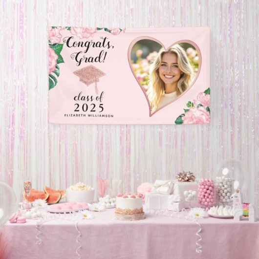 Klasse 2025 Afstudeerder Foto Blush Roze Bloemen A Spandoek (Feest)