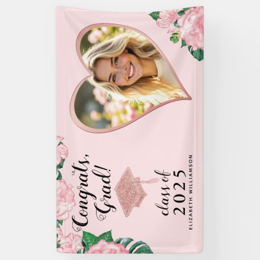 Klasse 2025 Afstudeerder Foto Blush Roze Bloemen A Spandoek (Verticaal)