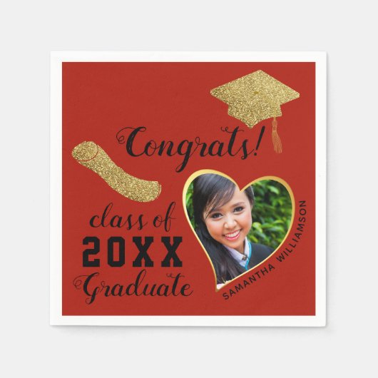 Klasse 2025 Afstudeerder Foto Rood Zwart Goud Afst Servet (Voorkant)