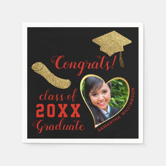 Klasse 2025 Afstudeerder Foto Zwart Rood Goud Afst Servet (Voorkant)