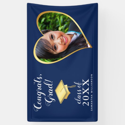 Klasse 2025 Foto Blauw Goud Wit Afstuderen Spandoek (Verticaal)