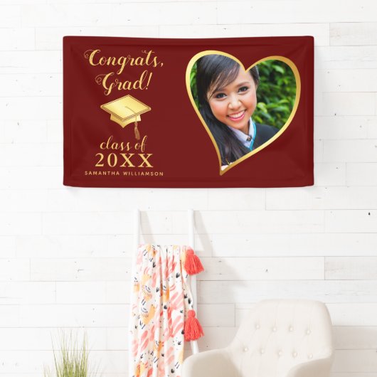 Klasse 2025 Foto Maroon Rood en Goud Afstuderen Spandoek (Insitu)