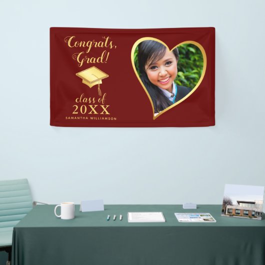 Klasse 2025 Foto Maroon Rood en Goud Afstuderen Spandoek (Beurs)