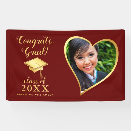 Klasse 2025 Foto Maroon Rood en Goud Afstuderen Spandoek (Horizontaal)