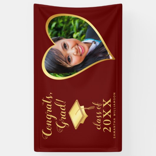 Klasse 2025 Foto Maroon Rood en Goud Afstuderen Spandoek (Verticaal)