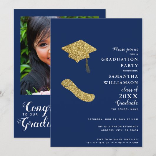 Klasse 2025 Navy Blauw Wit Goud Foto Afstuderen Kaart (Voorkant / Achterkant)