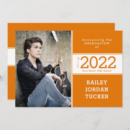 Klasse 2 jaar Oranje en wit 2-foto-Afstuderen Aankondiging (Voorkant / Achterkant)