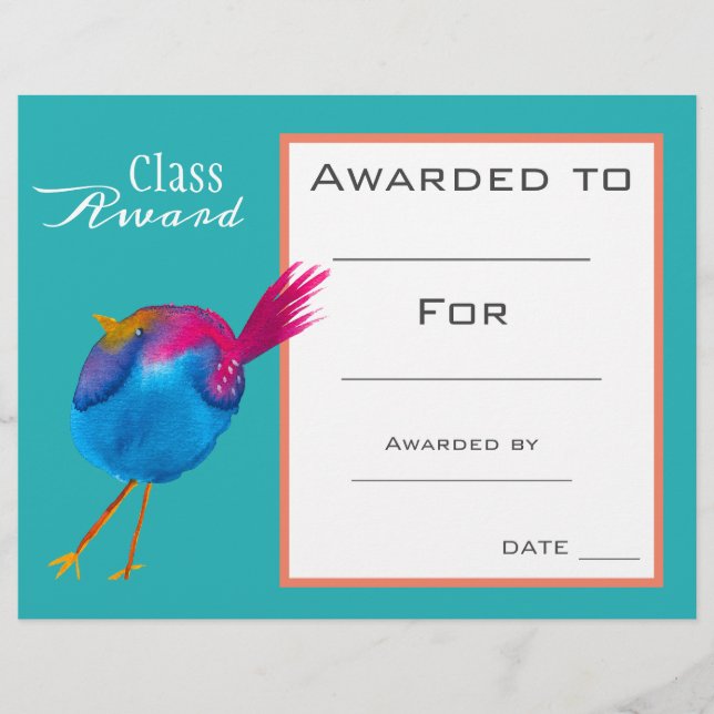 Klasse award schattig blauw vogel kinderen certifi (Voorkant)