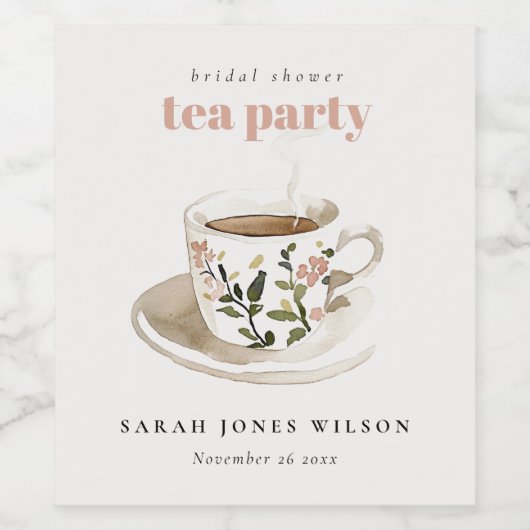 Klasse Bloemige Theekop Bruidsdouche Theepartij  Wijn Etiket (Enkel label)